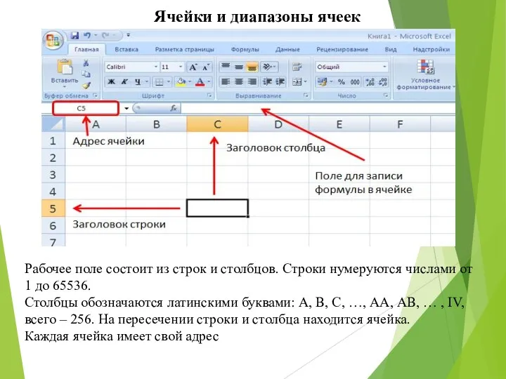 Ячейки и диапазоны ячеек Рабочее поле состоит из строк и