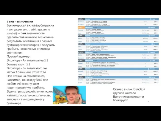 7 тип – вилочники Букмекерская вилка (арбитражная ситуация, англ. arbitrage,