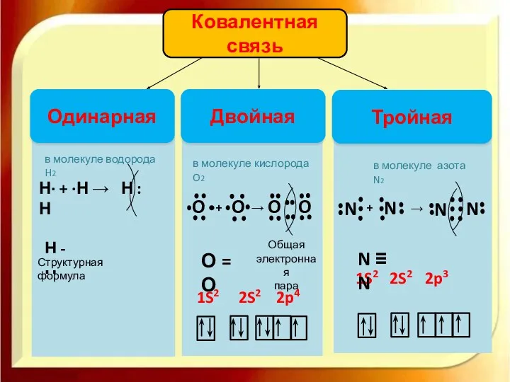 Ковалентная связь Одинарная Тройная Двойная Общая электронная пара О = О N ≡ N