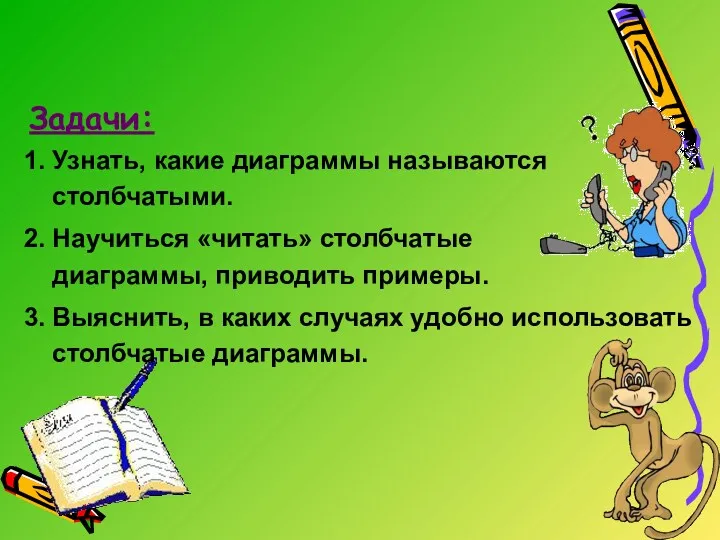 Задачи: 2. Научиться «читать» столбчатые диаграммы, приводить примеры. 1. Узнать,