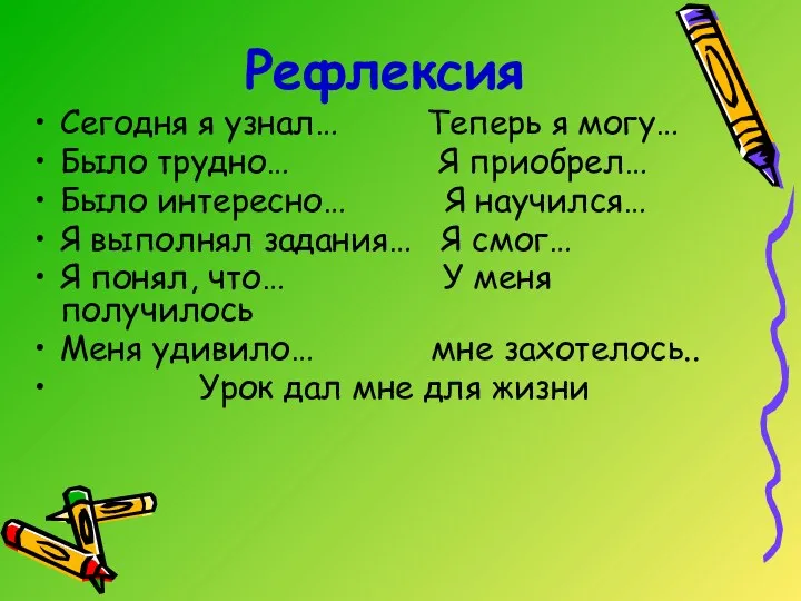 Рефлексия Сегодня я узнал… Теперь я могу… Было трудно… Я