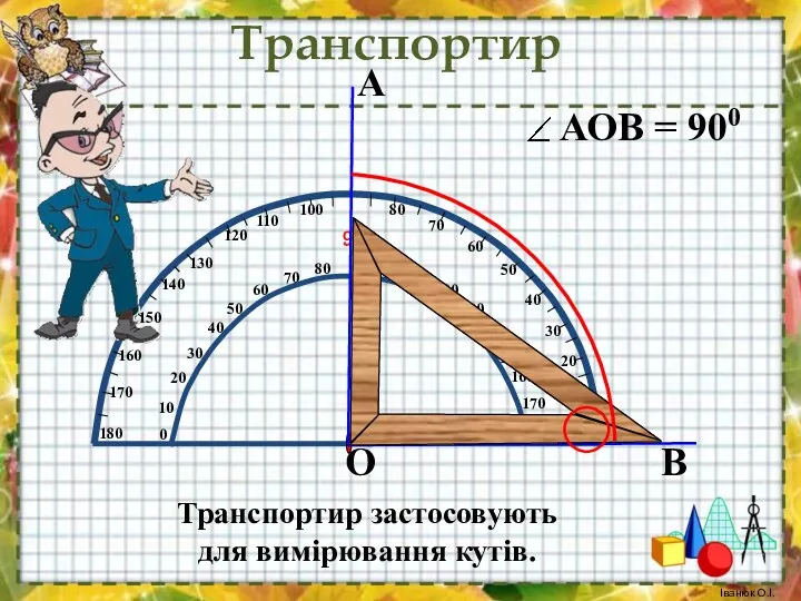 А В О Транспортир застосовують для вимірювання кутів. Транспортир Іванюк О.І.