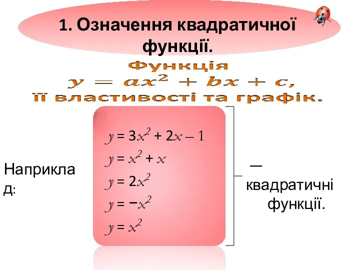 1. Означення квадратичної функції. — квадратичні функції. Наприклад: