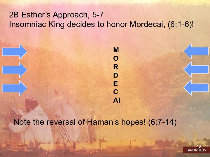 2B Esther’s Approach, 5-7 Insomniac King decides to honor Mordecai,