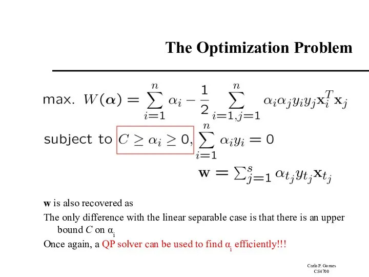 The Optimization Problem The dual of the problem is w