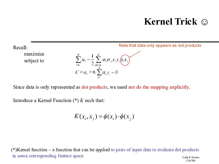 Kernel Trick ☺ Recall: maximize subject to Since data is