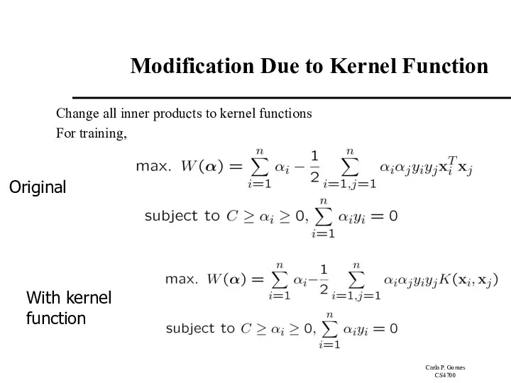 Modification Due to Kernel Function Change all inner products to kernel functions For training, Original