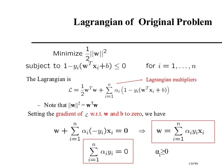 Lagrangian of Original Problem The Lagrangian is Note that ||w||2