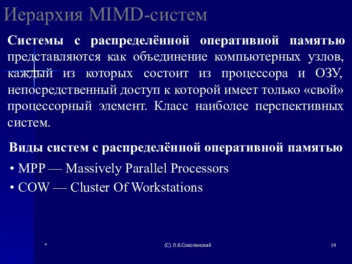 * (С) Л.Б.Соколинский Иерархия MIMD-систем Системы с распределённой оперативной памятью представляются как объединение