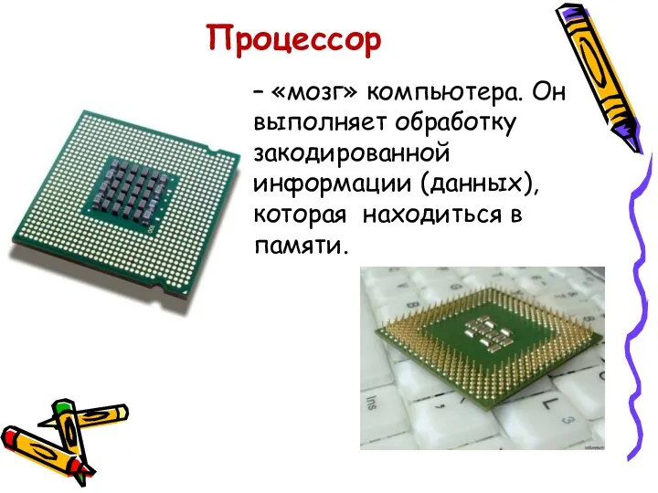 – «мозг» компьютера. Он выполняет обработку закодированной информации (данных), которая находиться в памяти. Процессор