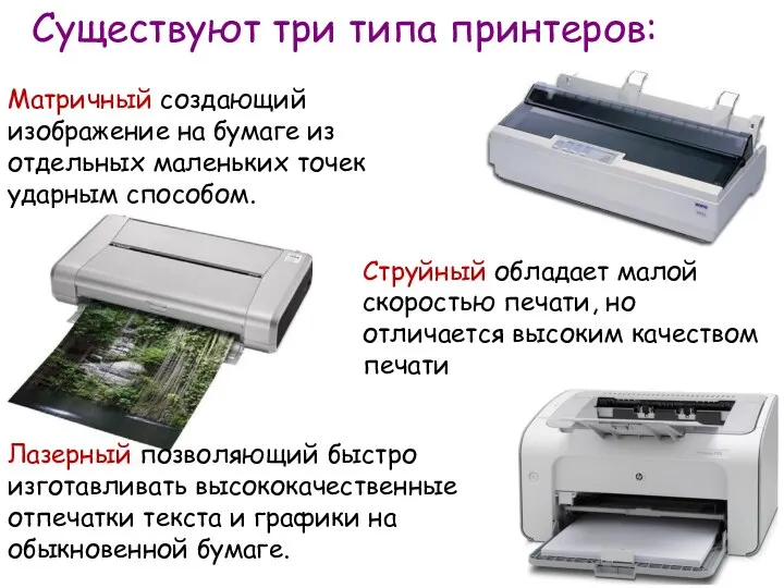 Существуют три типа принтеров: Матричный создающий изображение на бумаге из отдельных маленьких точек