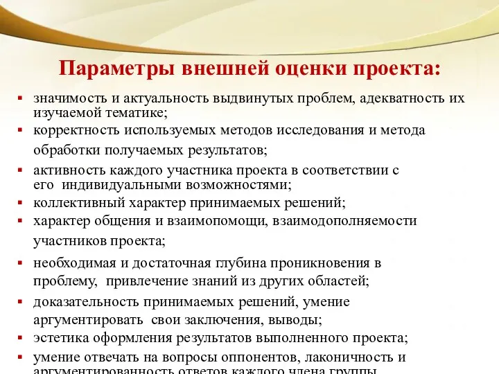 Параметры внешней оценки проекта: значимость и актуальность выдвинутых проблем, адекватность их изучаемой тематике;