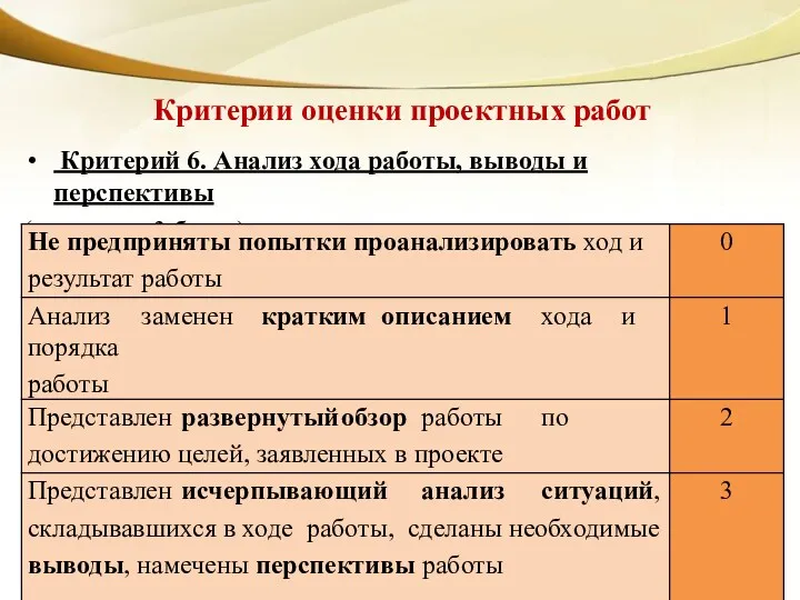 Критерии оценки проектных работ Критерий 6. Анализ хода работы, выводы и перспективы (максимум 3 балла)