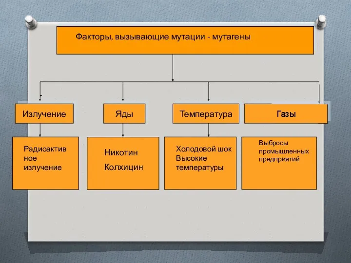 Факторы, вызывающие мутации - мутагены Излучение Яды Температура Газы Радиоактивное