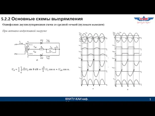 КНИТУ-КАИ каф. ЭО 1 5.2.2 Основные схемы выпрямления Однофазная двухполупериодная схема со средней