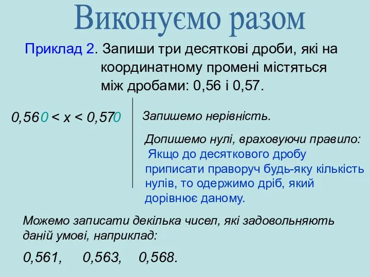 Приклад 2. Запиши три десяткові дроби, які на координатному промені містяться між дробами: