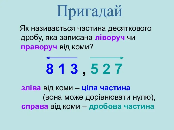 Як називається частина десяткового дробу, яка записана ліворуч чи праворуч від коми? Пригадай