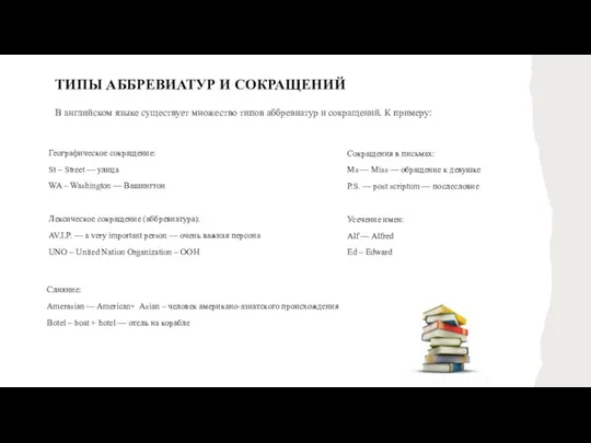 ТИПЫ АББРЕВИАТУР И СОКРАЩЕНИЙ В английском языке существует множество типов