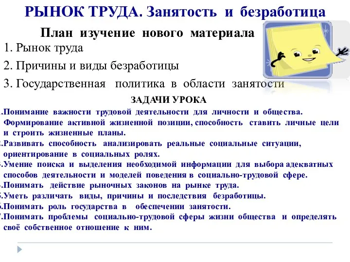 РЫНОК ТРУДА. Занятость и безработица Понимание важности трудовой деятельности для