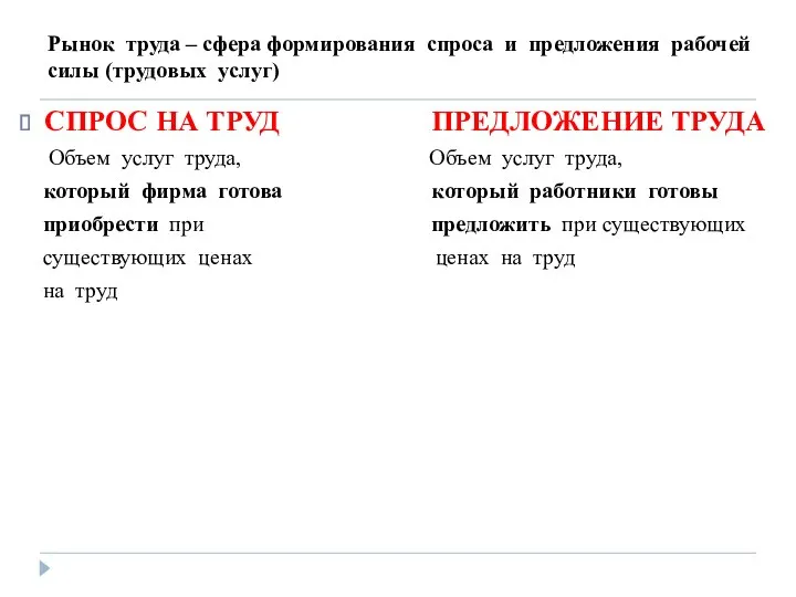 Рынок труда – сфера формирования спроса и предложения рабочей силы