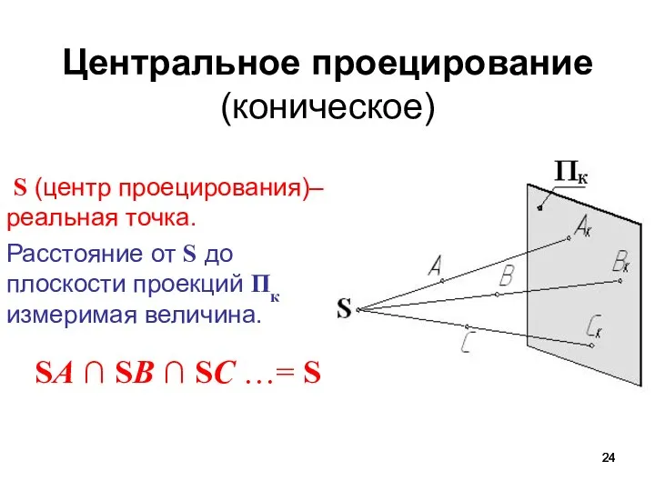 Центральное проецирование (коническое) S (центр проецирования)– реальная точка. Расстояние от
