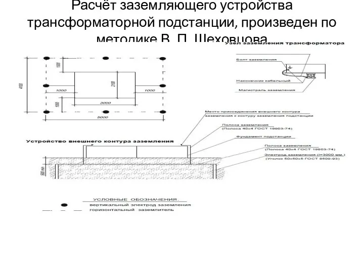 Расчёт заземляющего устройства трансформаторной подстанции, произведен по методике В. П. Шеховцова