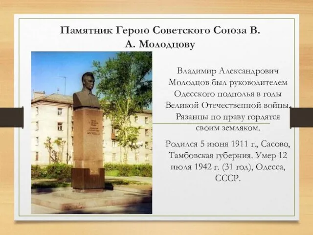 Памятник Герою Советского Союза В.А. Молодцову Владимир Александрович Молодцов был