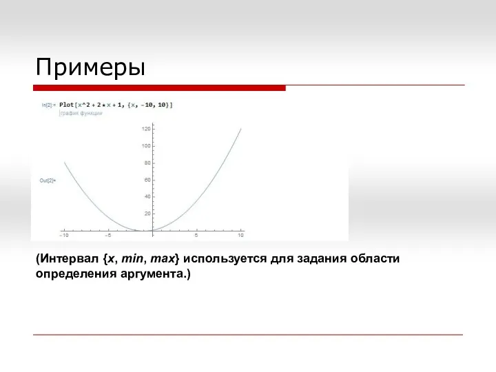 Примеры (Интервал {x, min, max} используется для задания области определения аргумента.)