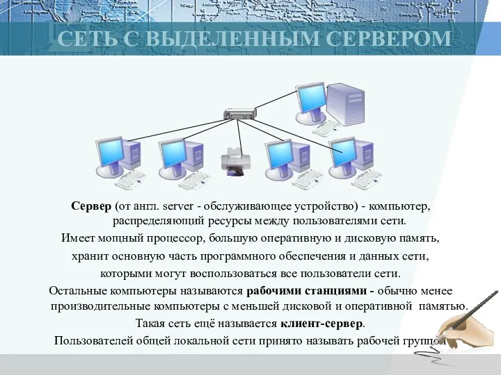 СЕТЬ С ВЫДЕЛЕННЫМ СЕРВЕРОМ Сервер (от англ. server - обслуживающее