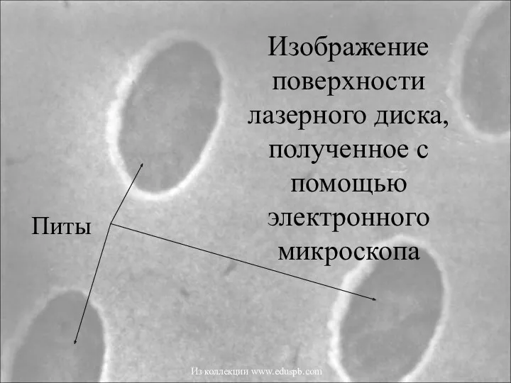 Изображение поверхности лазерного диска, полученное с помощью электронного микроскопа Питы Из коллекции www.eduspb.com