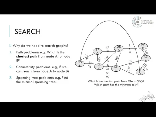 SEARCH Why do we need to search graphs? Path problems:
