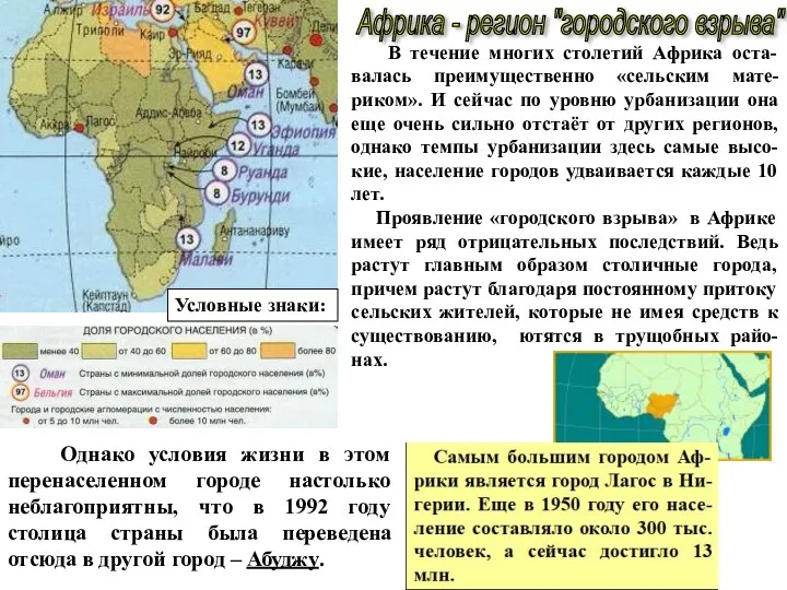 Африка - регион "городского взрыва" В течение многих столетий Африка оста-валась преимущественно «сельским