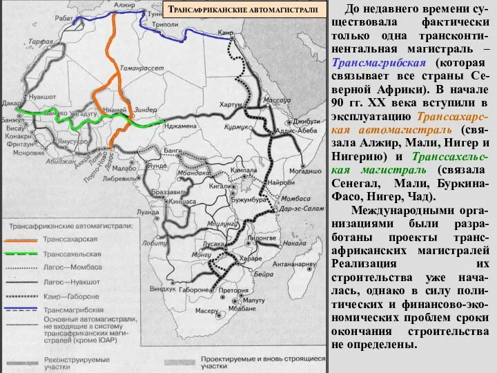 ТРАНСАФРИКАНСКИЕ АВТОМАГИСТРАЛИ До недавнего времени су-ществовала фактически только одна трансконти-нентальная магистраль – Трансмагрибская