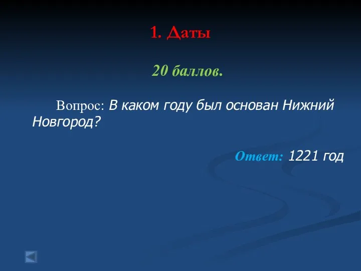 1. Даты 20 баллов. Вопрос: В каком году был основан Нижний Новгород? Ответ: 1221 год