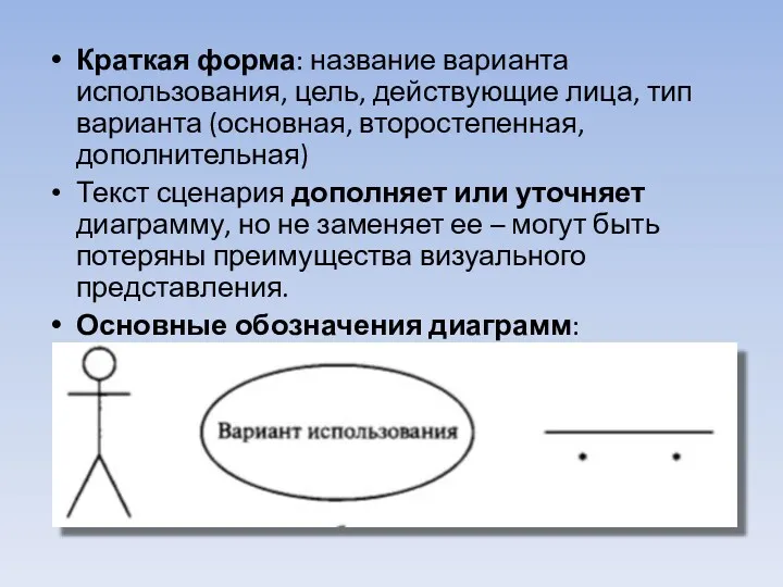 Краткая форма: название варианта использования, цель, действующие лица, тип варианта