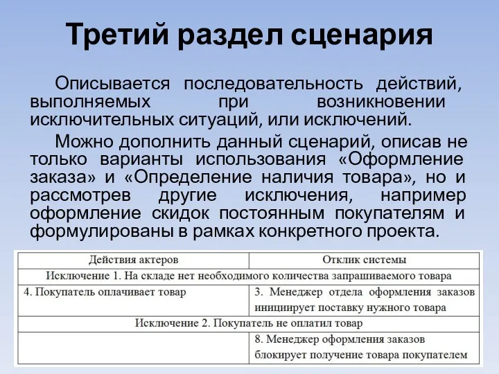 Третий раздел сценария Описывается последовательность действий, выполняемых при возникновении исключительных