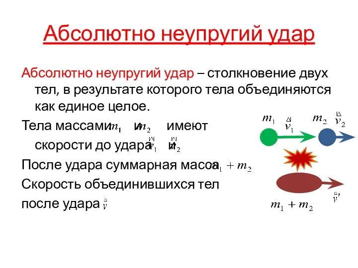 Абсолютно неупругий удар Абсолютно неупругий удар – столкновение двух тел,