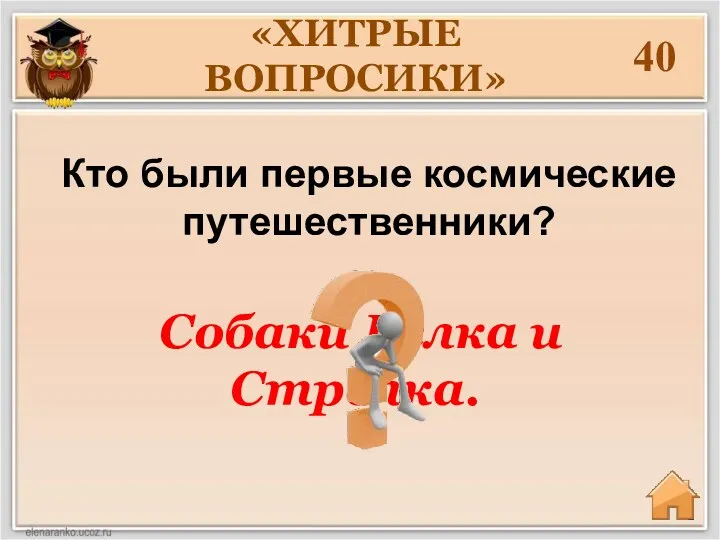 40 Кто были первые космические путешественники? Собаки Белка и Стрелка. «ХИТРЫЕ ВОПРОСИКИ»