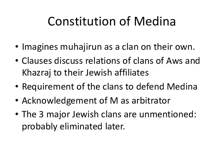 Constitution of Medina Imagines muhajirun as a clan on their