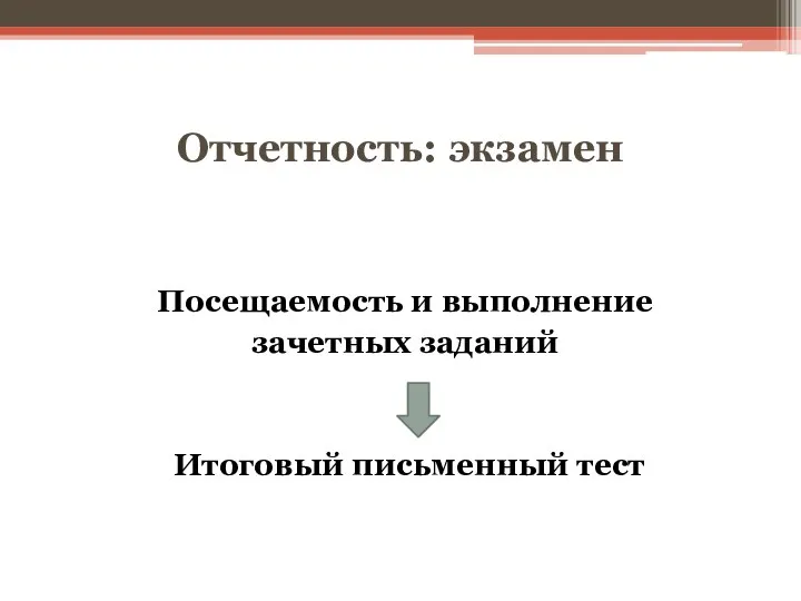 Отчетность: экзамен Посещаемость и выполнение зачетных заданий Итоговый письменный тест