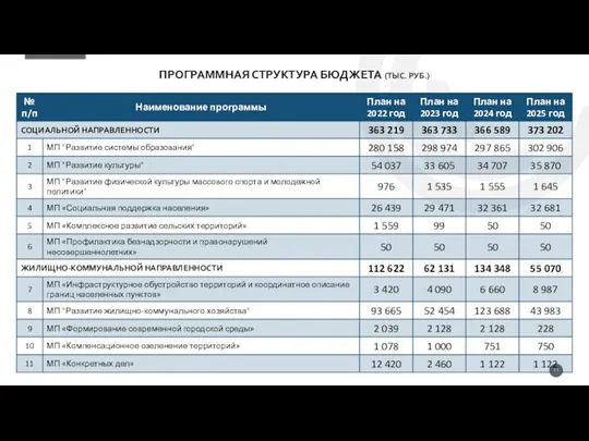 ПРОГРАММНАЯ СТРУКТУРА БЮДЖЕТА (ТЫС. РУБ.)