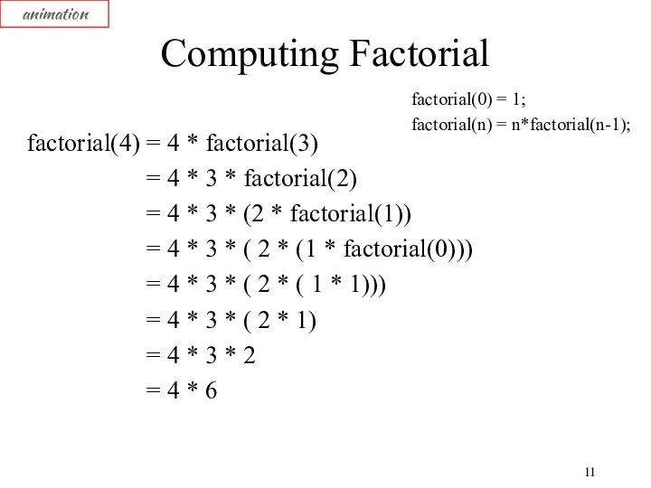 Computing Factorial factorial(4) = 4 * factorial(3) = 4 *