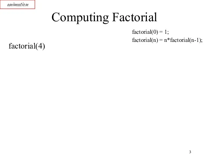 Computing Factorial factorial(4) animation factorial(0) = 1; factorial(n) = n*factorial(n-1);