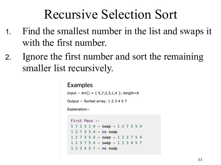 Recursive Selection Sort Find the smallest number in the list