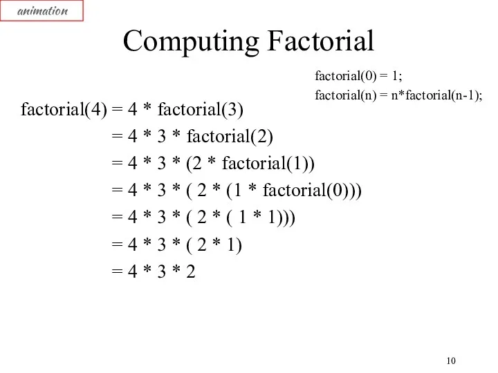 Computing Factorial factorial(4) = 4 * factorial(3) = 4 *