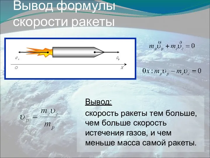 Вывод формулы скорости ракеты Вывод: скорость ракеты тем больше, чем больше скорость истечения