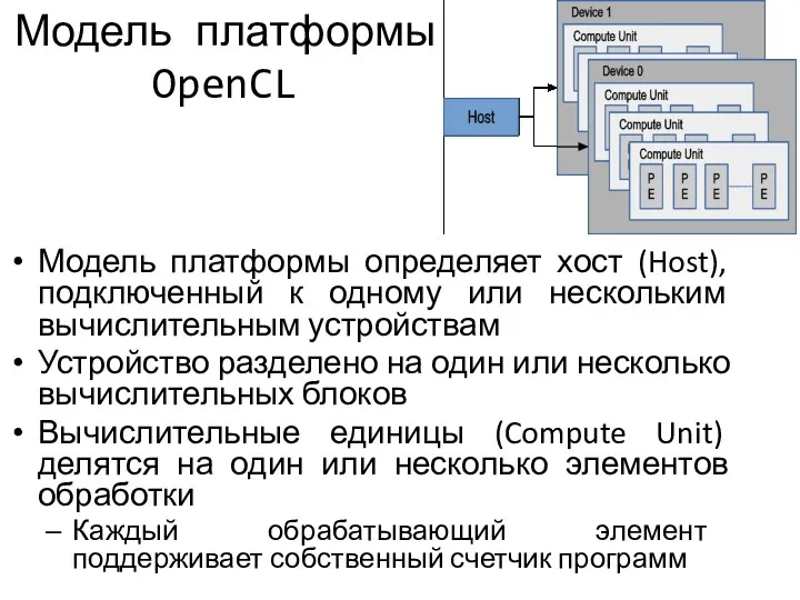 Модель платформы OpenCL Модель платформы определяет хост (Host), подключенный к