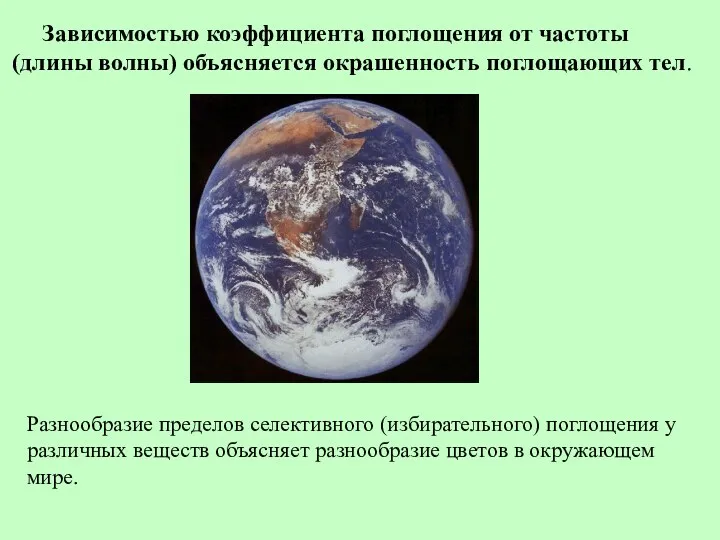 Зависимостью коэффициента поглощения от частоты (длины волны) объясняется окрашенность поглощающих