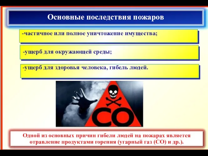 Основные последствия пожаров -частичное или полное уничтожение имущества; -ущерб для