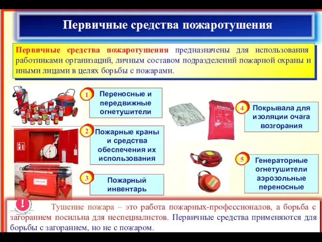 Первичные средства пожаротушения Первичные средства пожаротушения предназначены для использования работниками